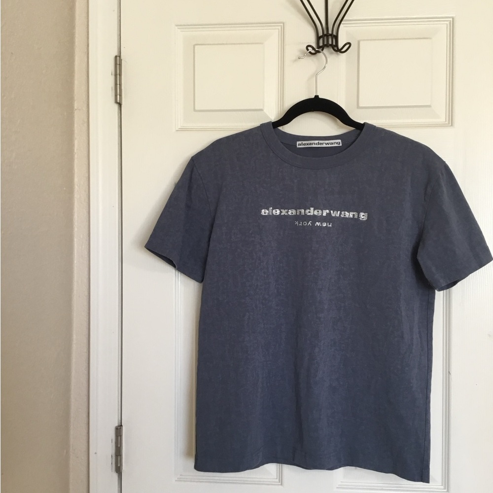 Alexander Wang Embellished denim color Logo Short Sleeve T-Shirt size small